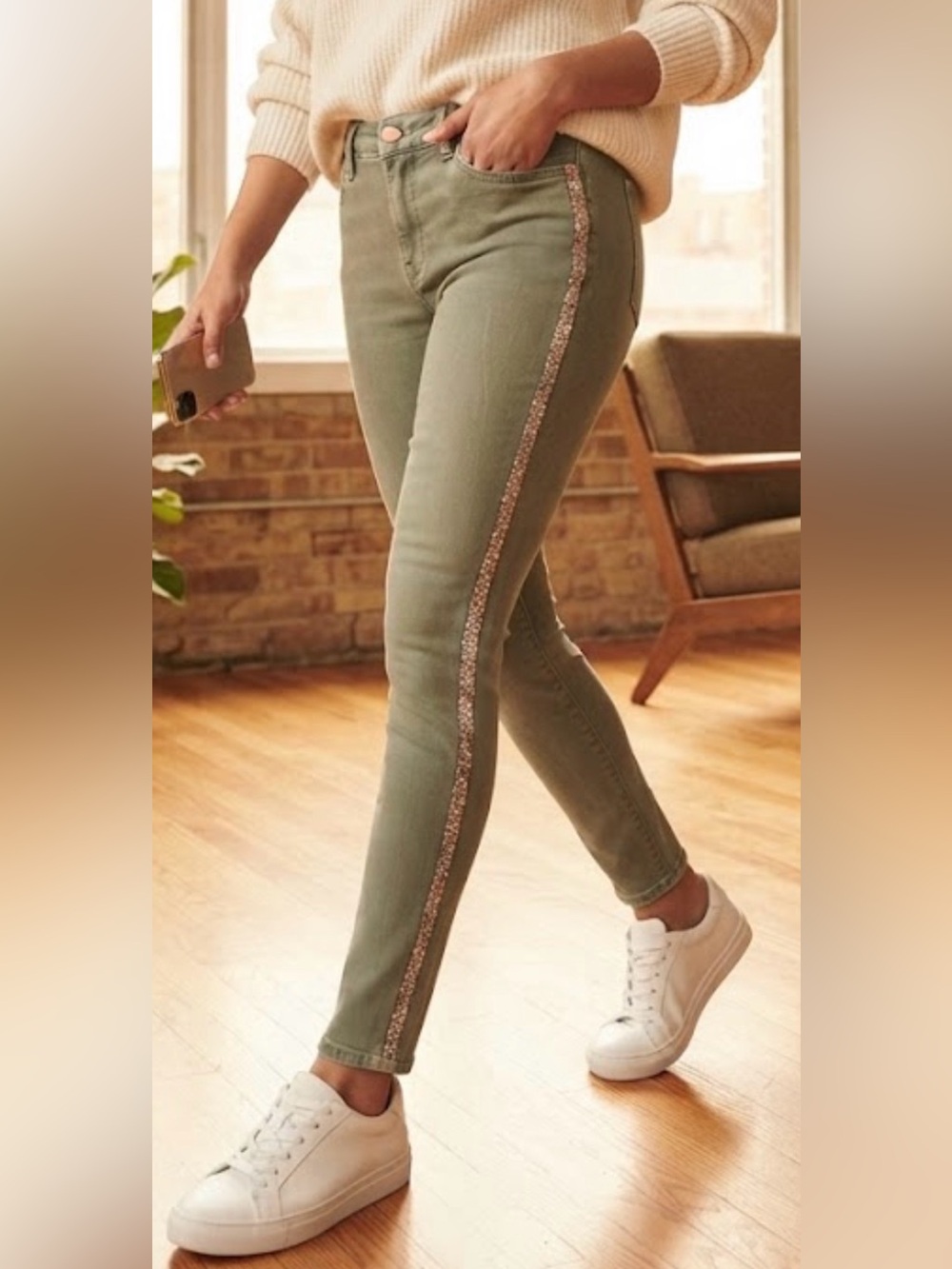 Zara Z1975 Denim Olive Green Skinny Jeans with Rhinestone Side Striped Size EUR